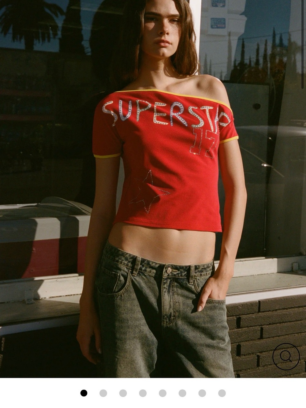 With Jean Red Off-Shoulder 'Superstar' Short Sleeve Top